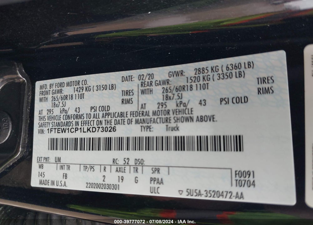 2020 FORD F-150 XLT VIN: 1FTEW1CP1LKD73026