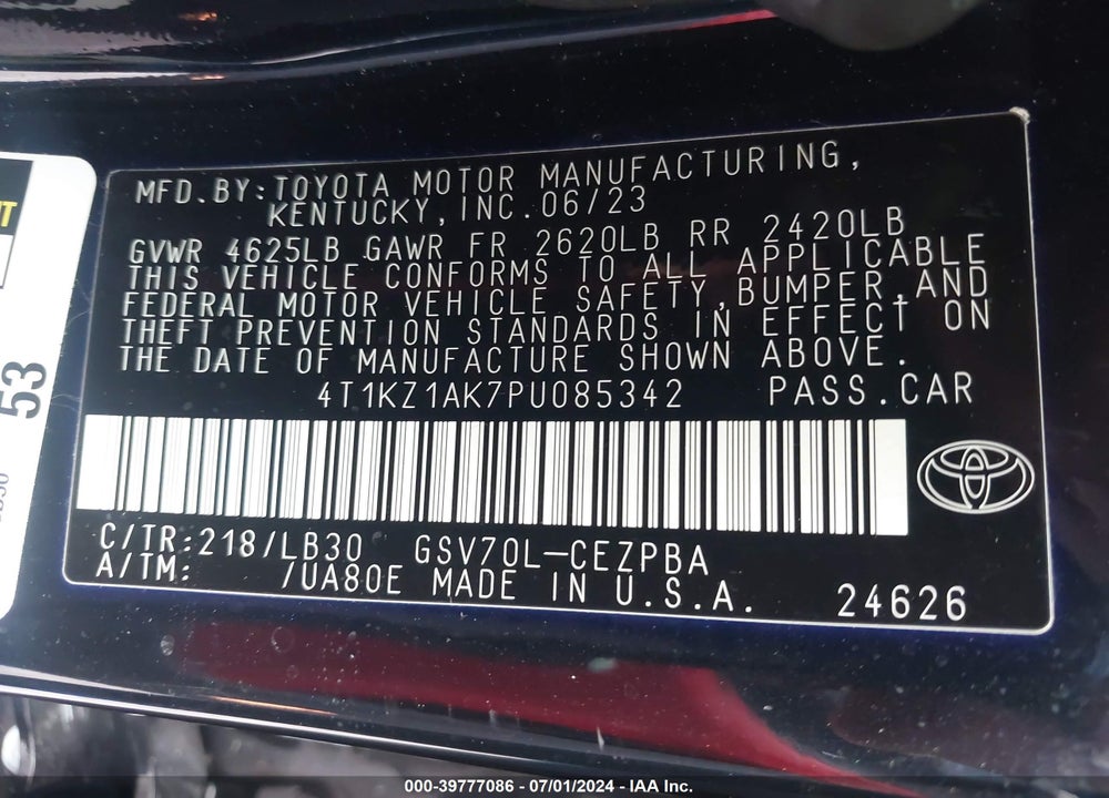 2023 TOYOTA CAMRY XSE V6 VIN: 4T1KZ1AK7PU085342