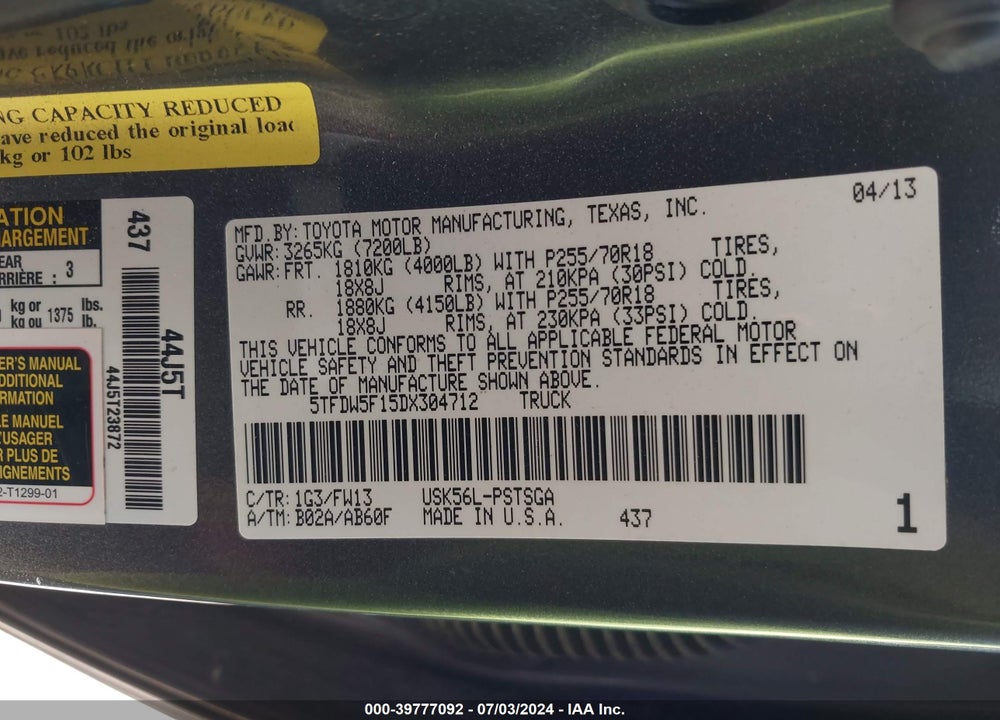 2013 TOYOTA TUNDRA GRADE 5.7L V8 VIN: 5TFDW5F15DX304712