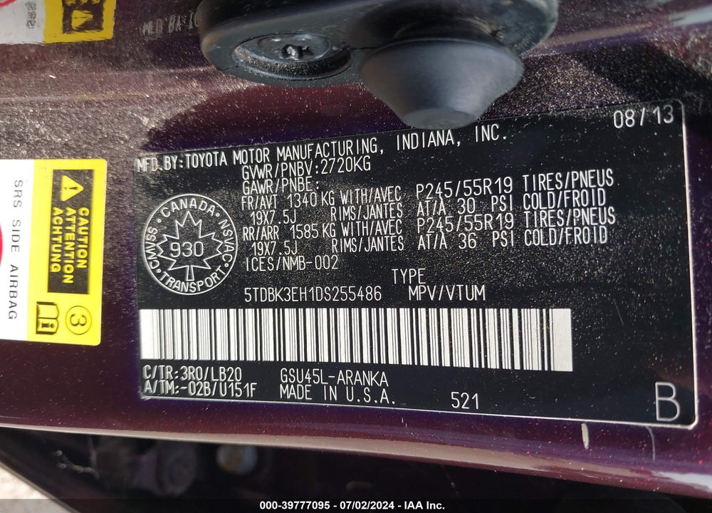 2013 TOYOTA HIGHLANDER SE V6 VIN: 5TDBK3EH1DS255486