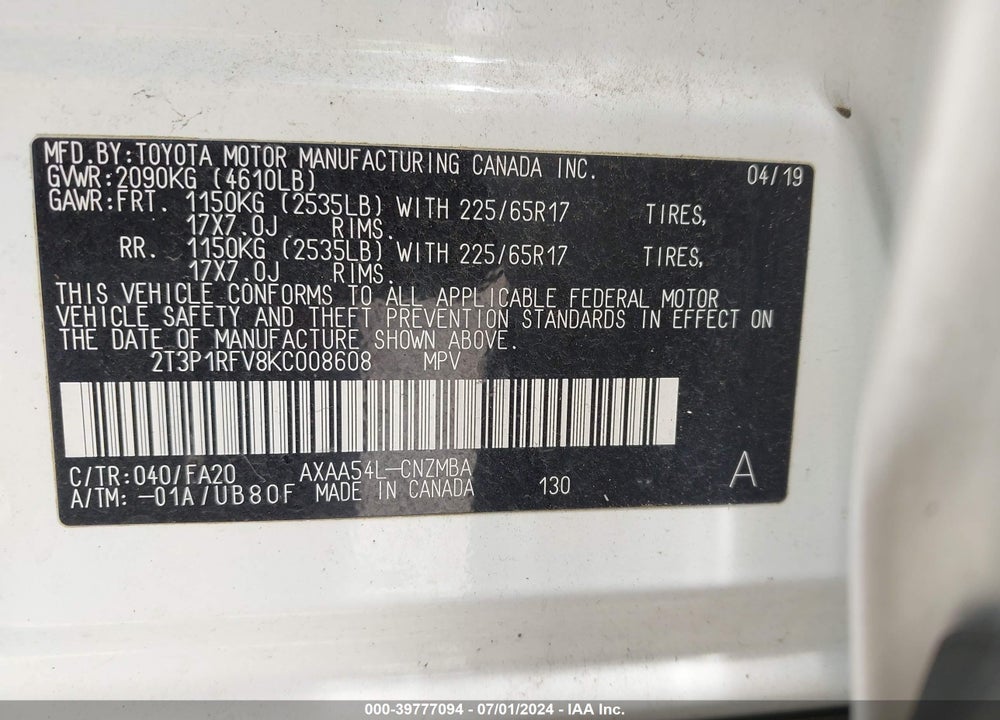 2019 TOYOTA RAV4 XLE VIN: 2T3P1RFV8KC008608