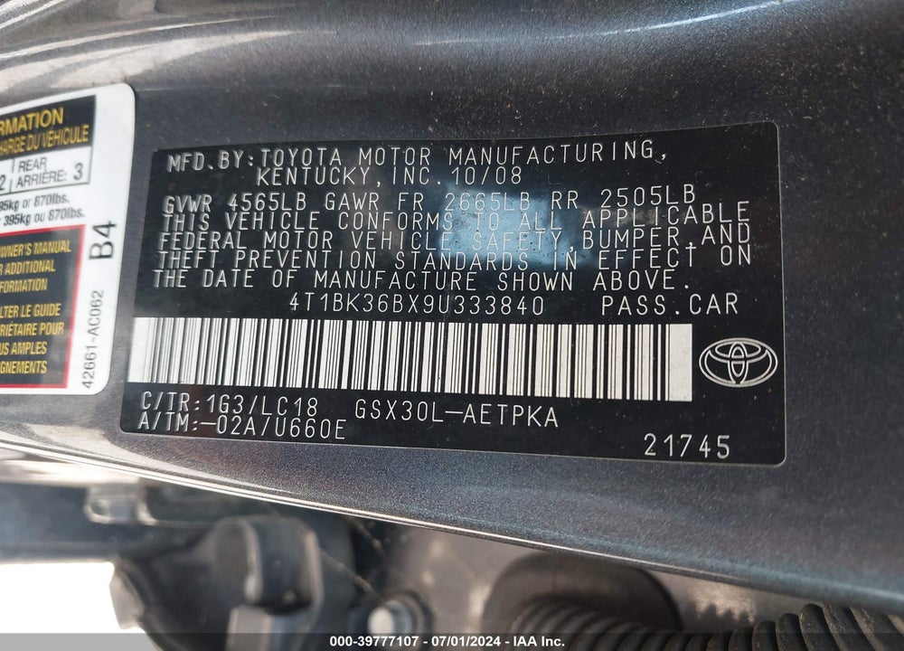 2009 TOYOTA AVALON LIMITED VIN: 4T1BK36BX9U333840