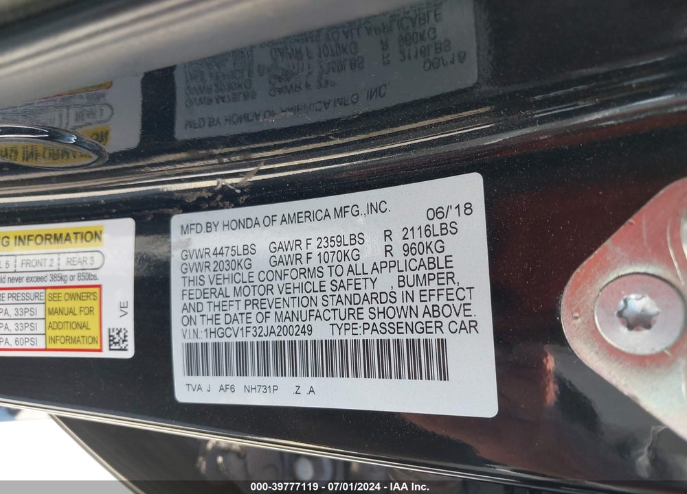 2018 HONDA ACCORD SPORT VIN: 1HGCV1F32JA200249