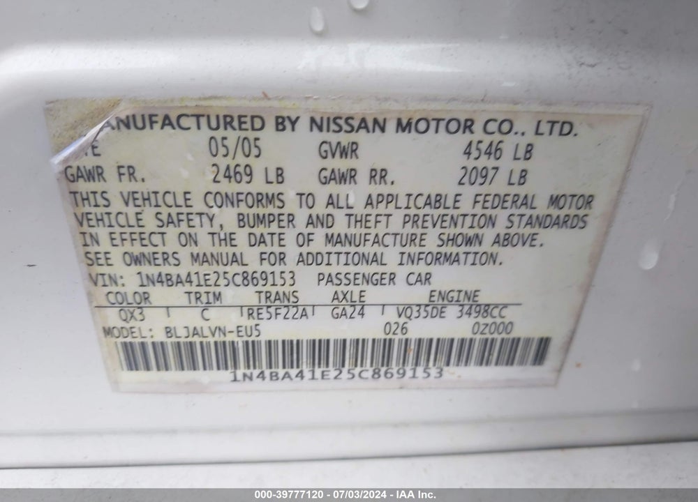 2005 NISSAN MAXIMA 3.5 SL VIN: 1N4BA41E25C869153