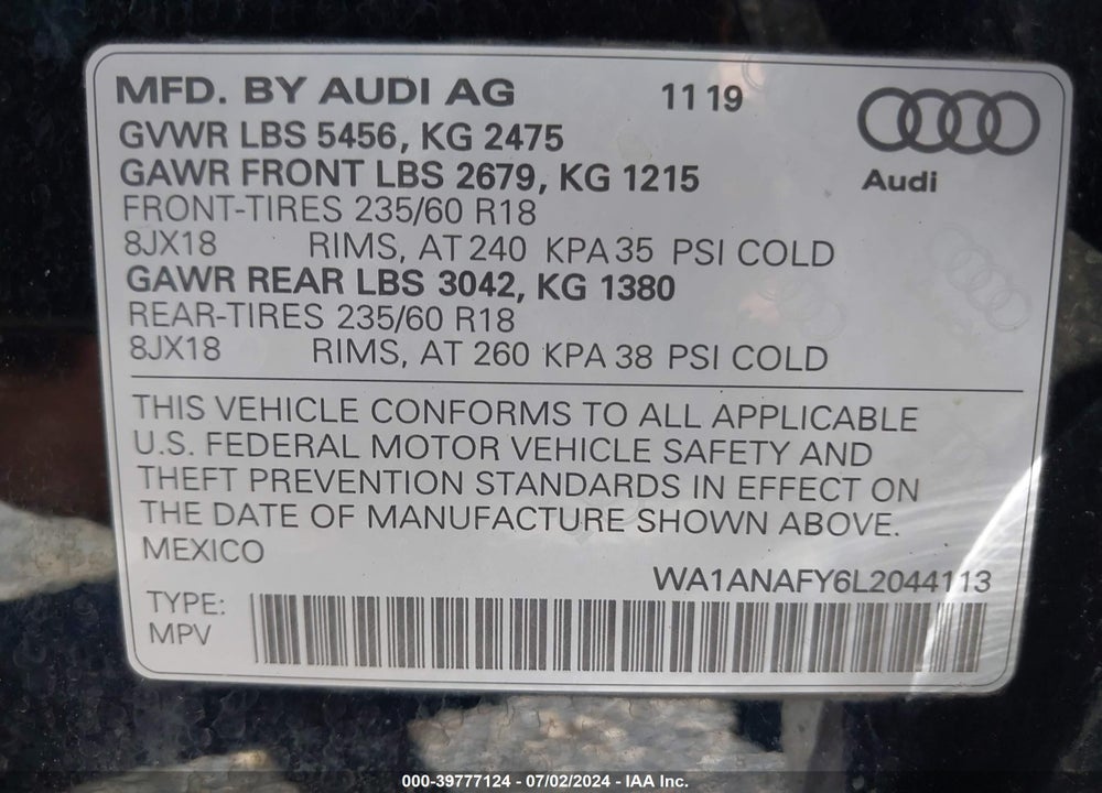 2020 AUDI Q5 PREMIUM 45 TFSI QUATTRO S TRONIC/TITANIUM PREMIUM 45 TFSI QUATTRO S TRONIC VIN: WA1ANAFY6L2044113