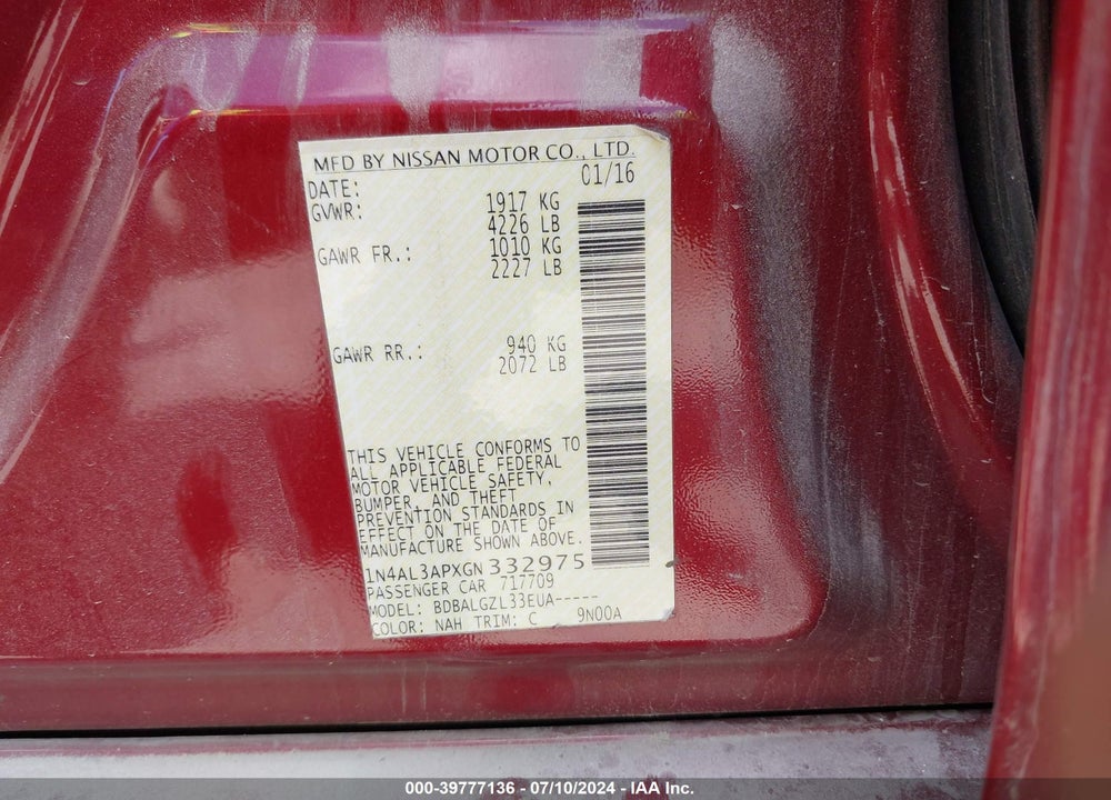 2016 NISSAN ALTIMA 2.5 S VIN: 1N4AL3APXGN332975