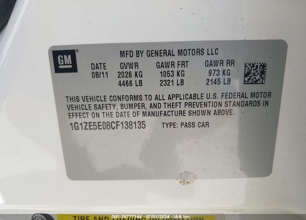2012 CHEVROLET MALIBU 1LZ VIN: 1G1ZE5E08CF138135
