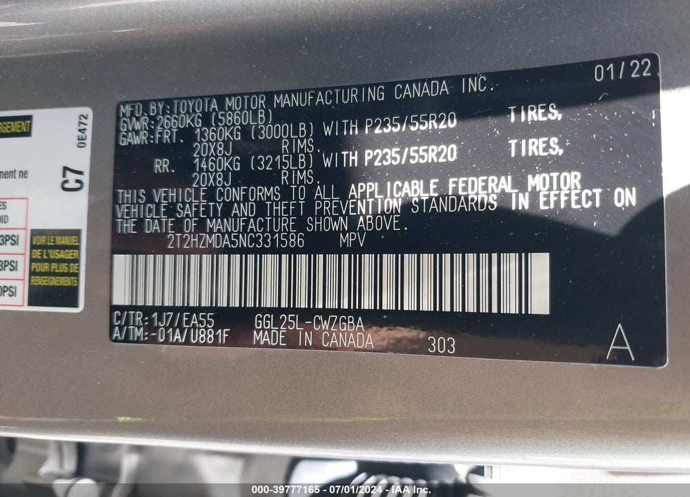 2022 LEXUS RX 350 VIN: 2T2HZMDA5NC331586