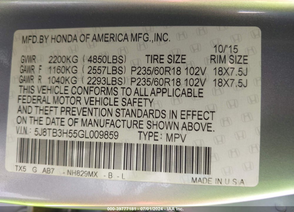 2016 ACURA RDX TECHNOLOGY   WATCH PLUS PACKAGES/TECHNOLOGY PACKAGE VIN: 5J8TB3H55GL009859