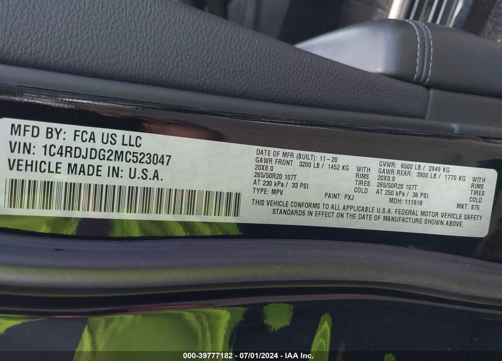 2021 DODGE DURANGO GT PLUS AWD VIN: 1C4RDJDG2MC523047