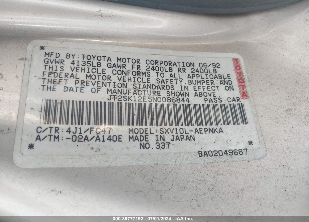 1992 TOYOTA CAMRY LE VIN: JT2SK12E5N0086844
