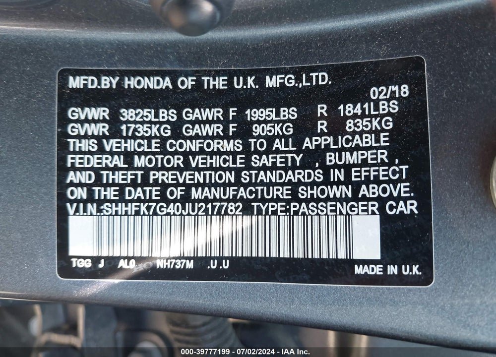 2018 HONDA CIVIC SPORT VIN: SHHFK7G40JU217782