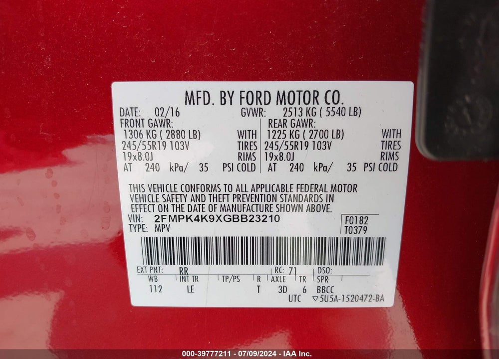 2016 FORD EDGE TITANIUM VIN: 2FMPK4K9XGBB23210