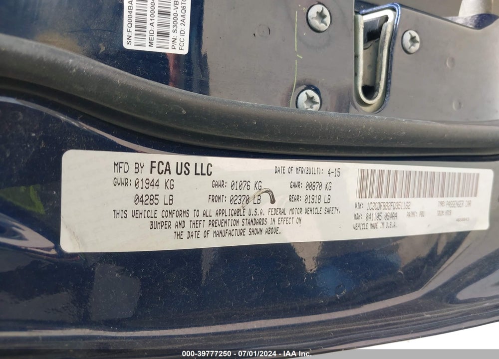 2015 DODGE DART SXT VIN: 1C3CDFBB2FD351162