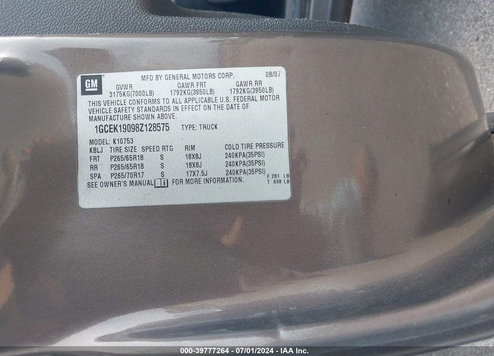 2008 CHEVROLET SILVERADO 1500 LTZ VIN: 1GCEK19098Z128575