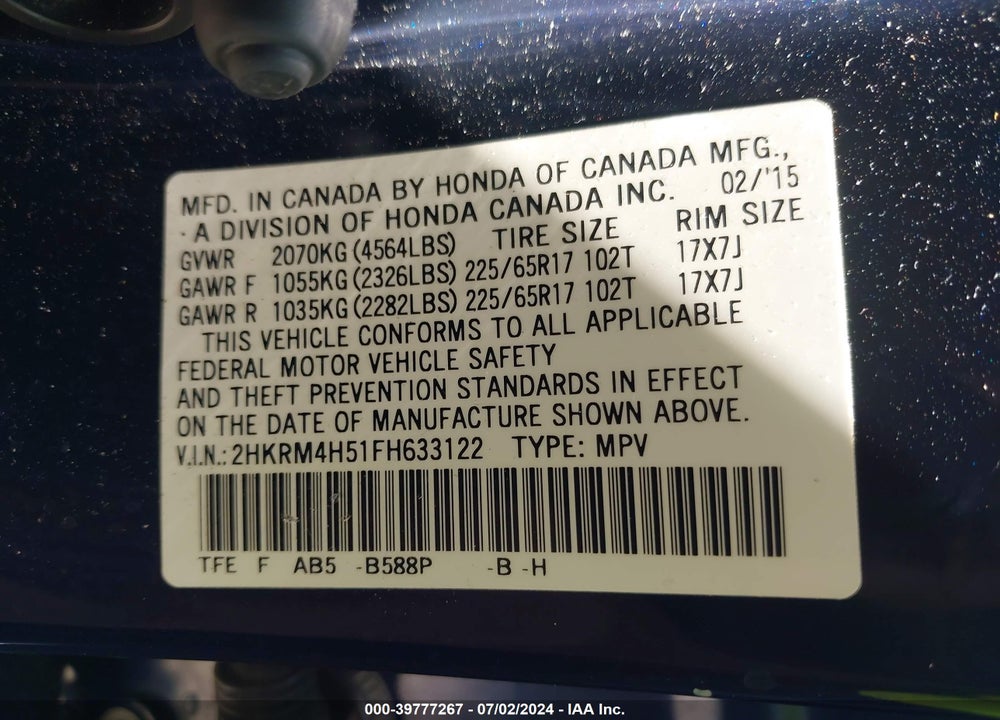 2015 HONDA CR-V EX VIN: 2HKRM4H51FH633122