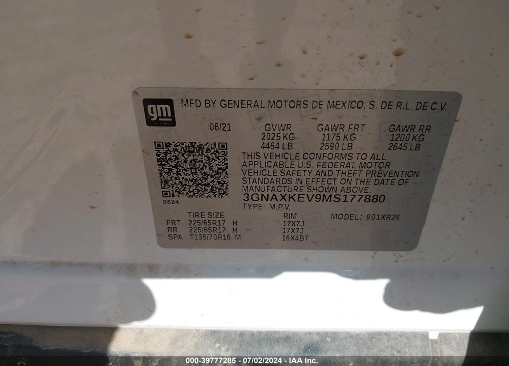 2021 CHEVROLET EQUINOX VIN: 3GNAXKEV9MS177880