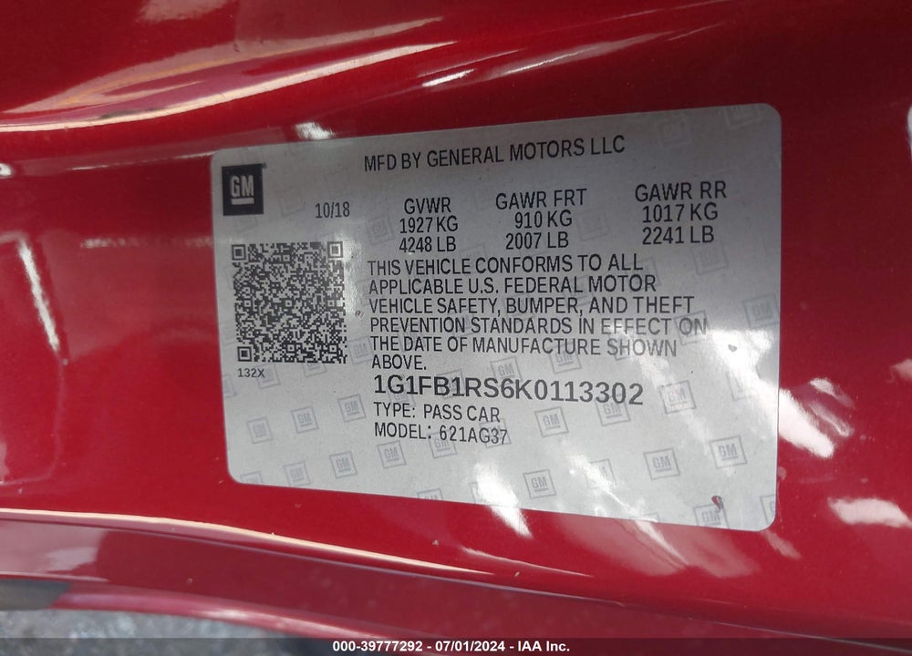 2019 CHEVROLET CAMARO 1LT VIN: 1G1FB1RS6K0113302