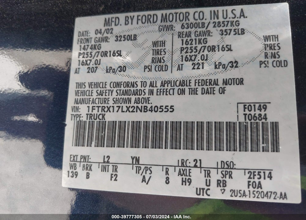 2002 FORD F-150 LARIAT/XL/XLT VIN: 1FTRX17LX2NB40555