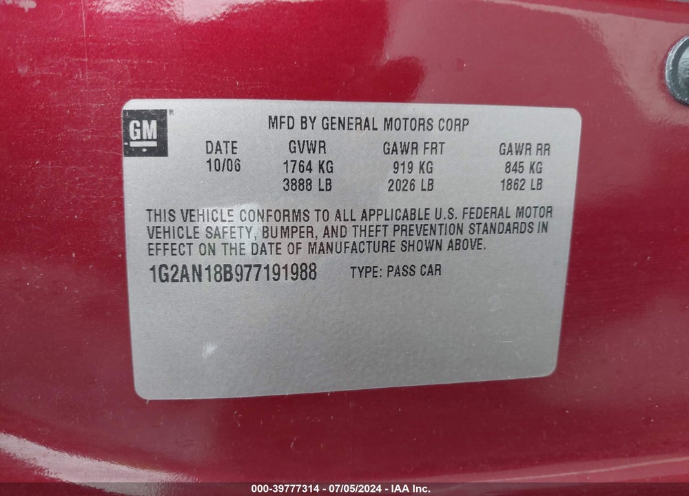2007 PONTIAC G5 GT VIN: 1G2AN18B977191988