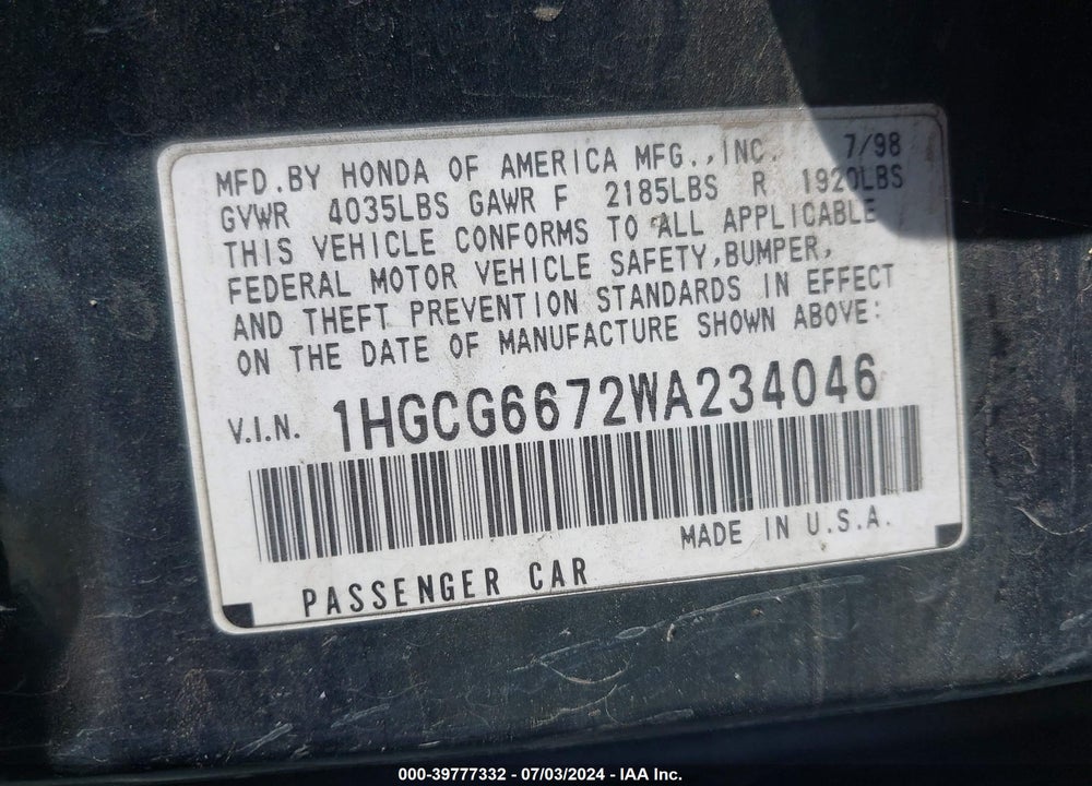 1998 HONDA ACCORD EX VIN: 1HGCG6672WA234046
