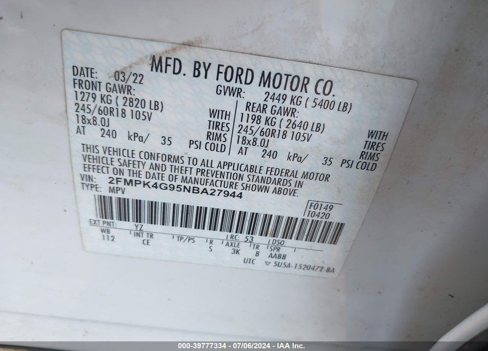 2022 FORD EDGE SE VIN: 2FMPK4G95NBA27944