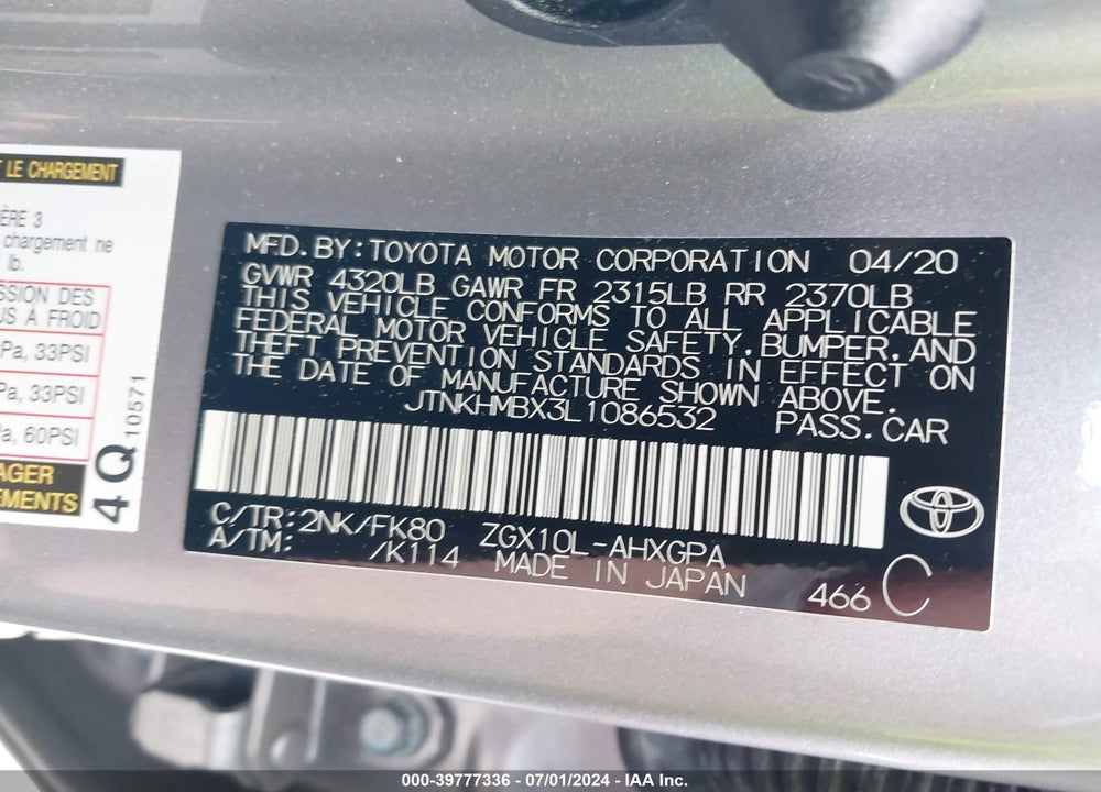 2020 TOYOTA C-HR VIN: JTNKHMBX3L1086532