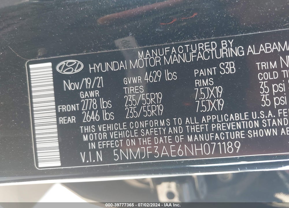 2022 HYUNDAI TUCSON SEL VIN: 5NMJF3AE6NH071189