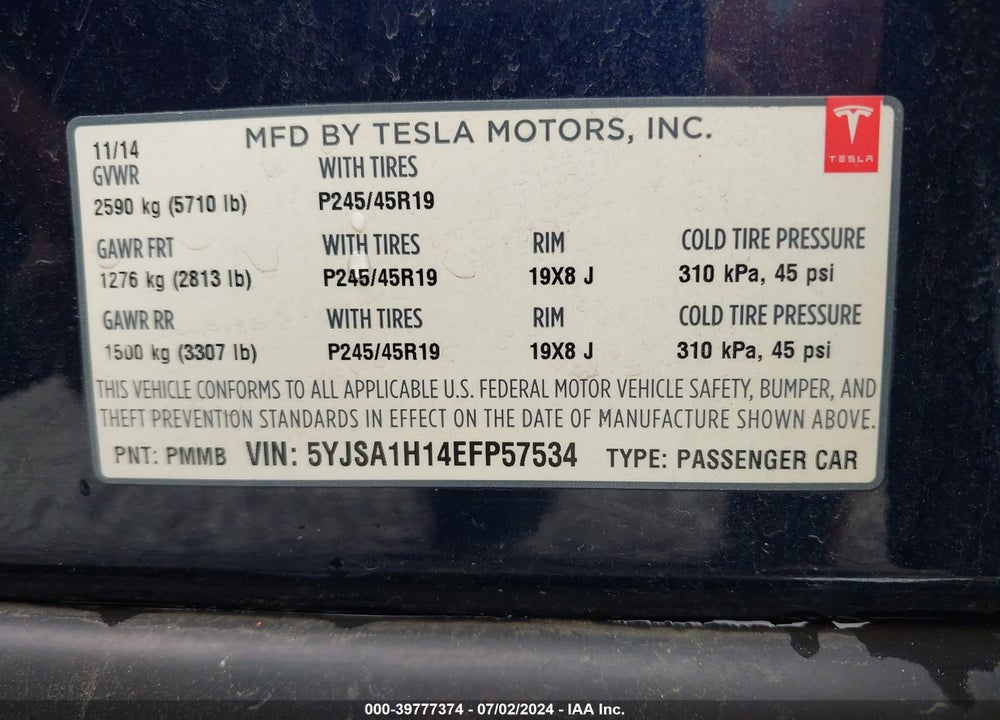 2014 TESLA MODEL S P85 VIN: 5YJSA1H14EFP57534