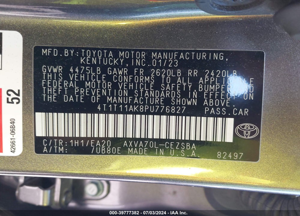 2023 TOYOTA CAMRY SE VIN: 4T1T11AK8PU776827