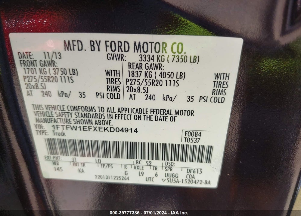 2014 FORD F-150 KING RANCH VIN: 1FTFW1EFXEKD04914