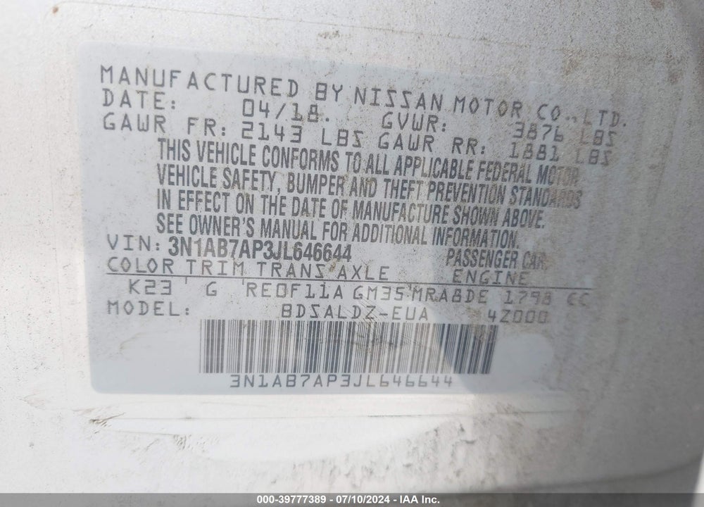 2018 NISSAN SENTRA SV VIN: 3N1AB7AP3JL646644