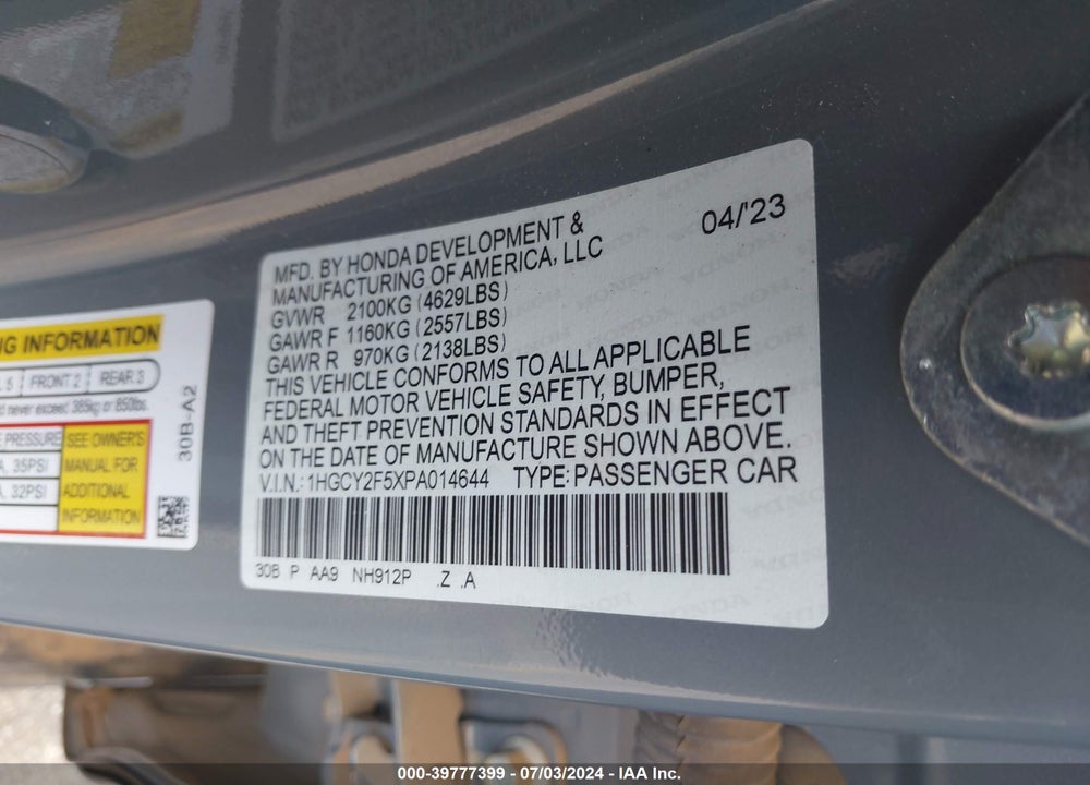 2023 HONDA ACCORD HYBRID SPORT VIN: 1HGCY2F5XPA014644