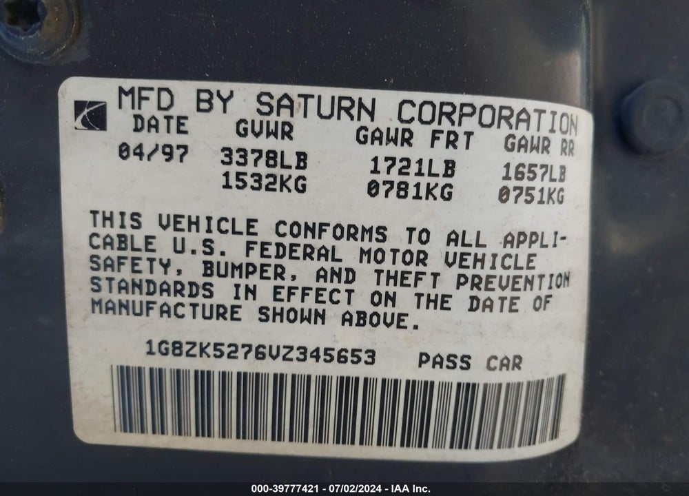 1997 SATURN SL SL2 VIN: 1G8ZK5276VZ345653