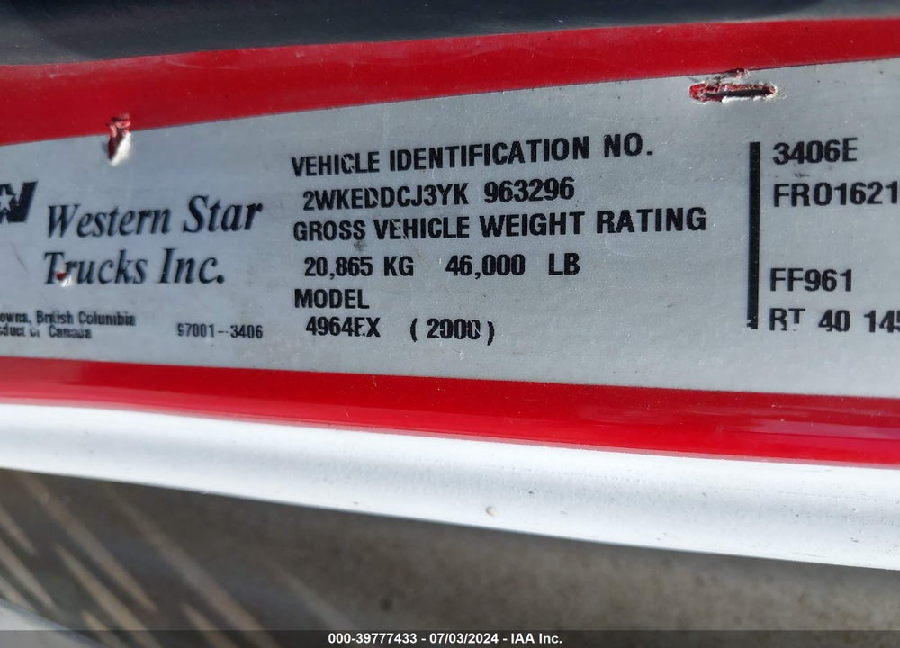 2000 WESTERN STAR/AUTO CAR 4900 4900E VIN: 2WKEDDCJ3YK963296