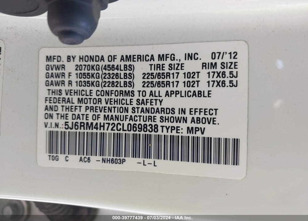 2012 HONDA CR-V EX-L VIN: 5J6RM4H72CL069838