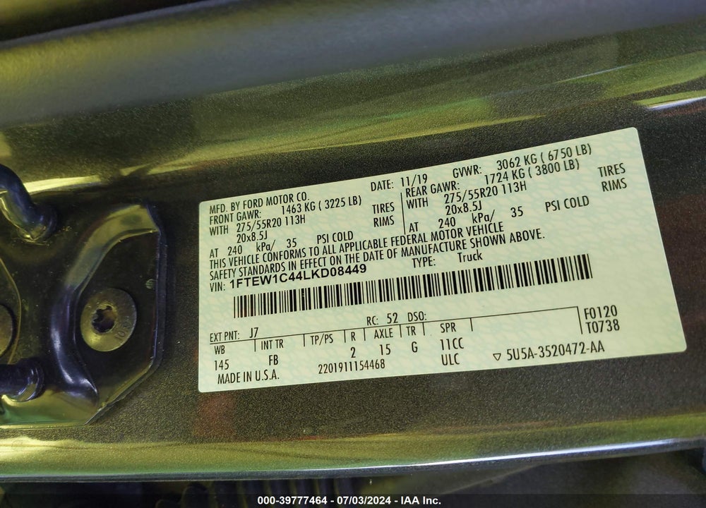 2020 FORD F-150 XLT VIN: 1FTEW1C44LKD08449