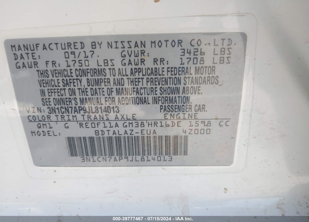 2018 NISSAN VERSA 1.6 S+ VIN: 3N1CN7AP9JL814013