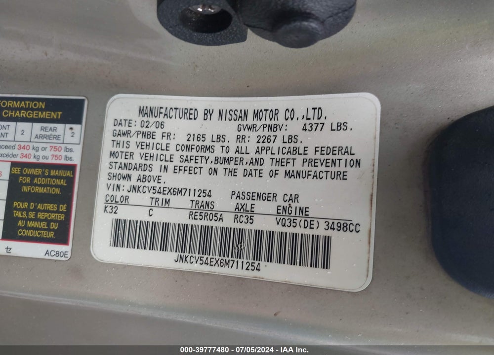 2006 INFINITI G35 VIN: JNKCV54EX6M711254