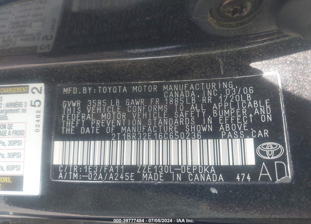 2006 TOYOTA COROLLA CE VIN: 2T1BR32E16C650236
