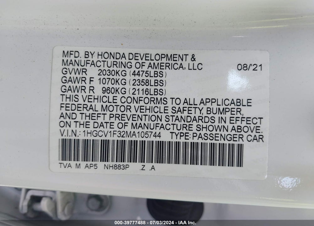 2021 HONDA ACCORD SPORT VIN: 1HGCV1F32MA105744