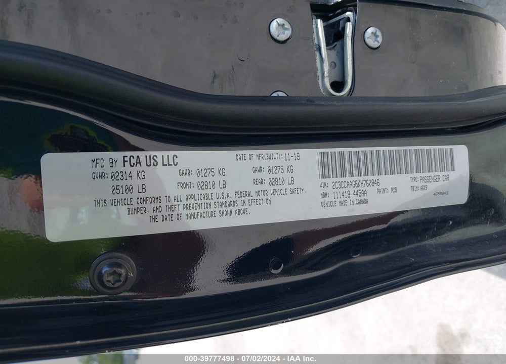 2019 CHRYSLER 300 TOURING VIN: 2C3CCAAG6KH760846
