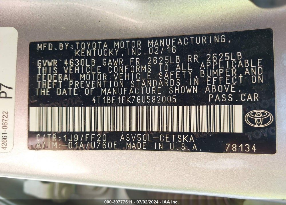 2016 TOYOTA CAMRY SE VIN: 4T1BF1FK7GU582005