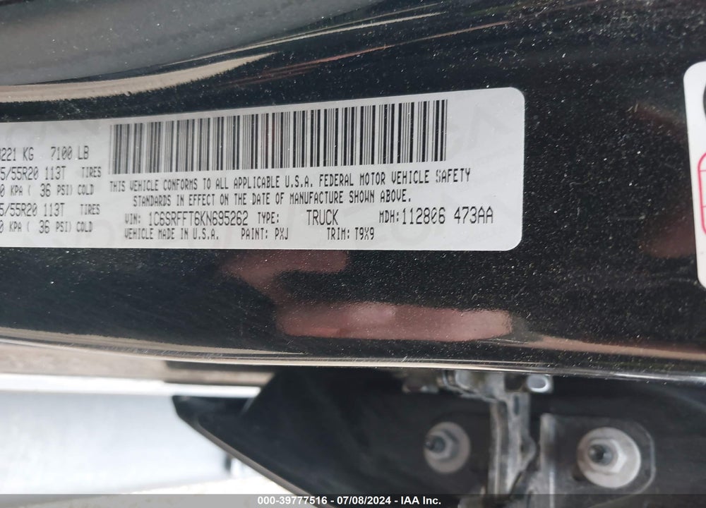 2019 RAM 1500 BIG HORN/LONE STAR 4X4 5'7 BOX VIN: 1C6SRFFT6KN695262