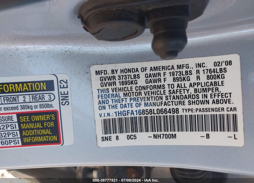 2008 HONDA CIVIC EX VIN: 1HGFA16858L066498