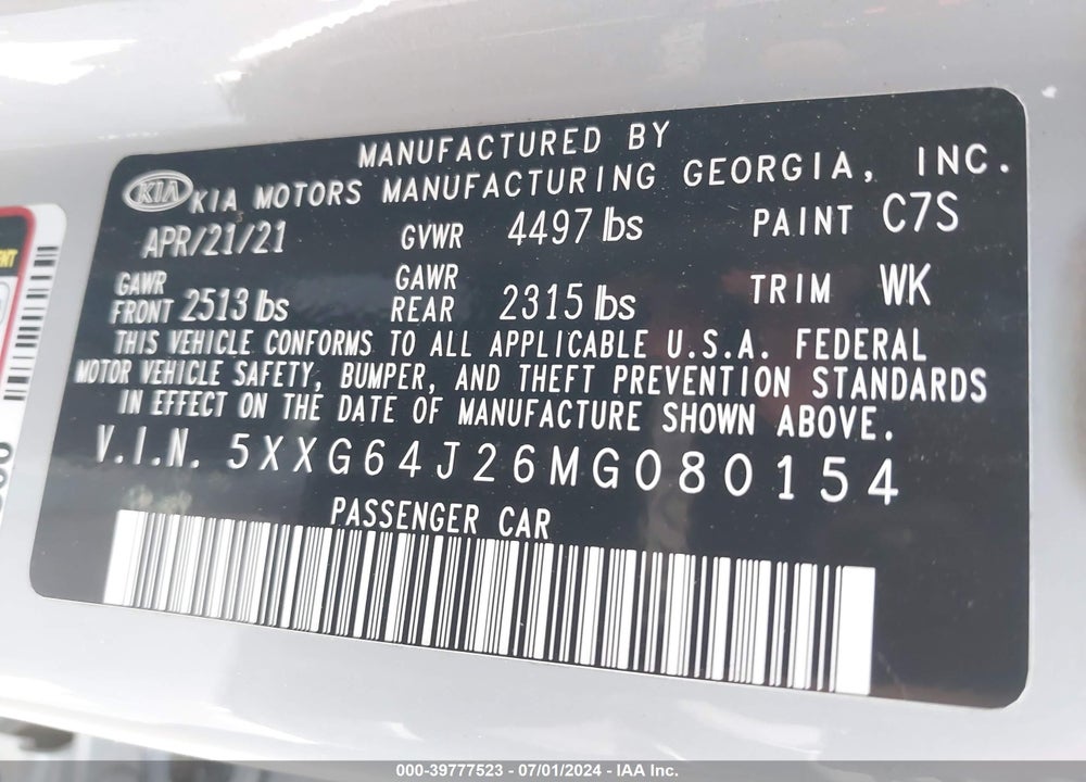 2021 KIA K5 GT LINE VIN: 5XXG64J26MG080154