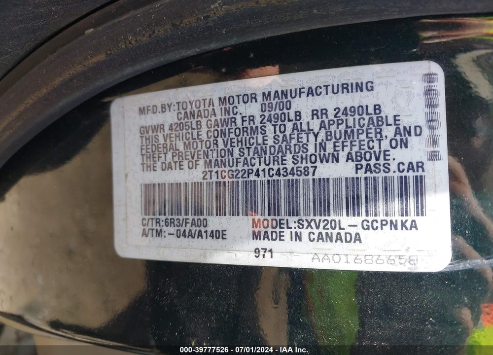 2001 TOYOTA CAMRY SOLARA SE VIN: 2T1CG22P41C434587
