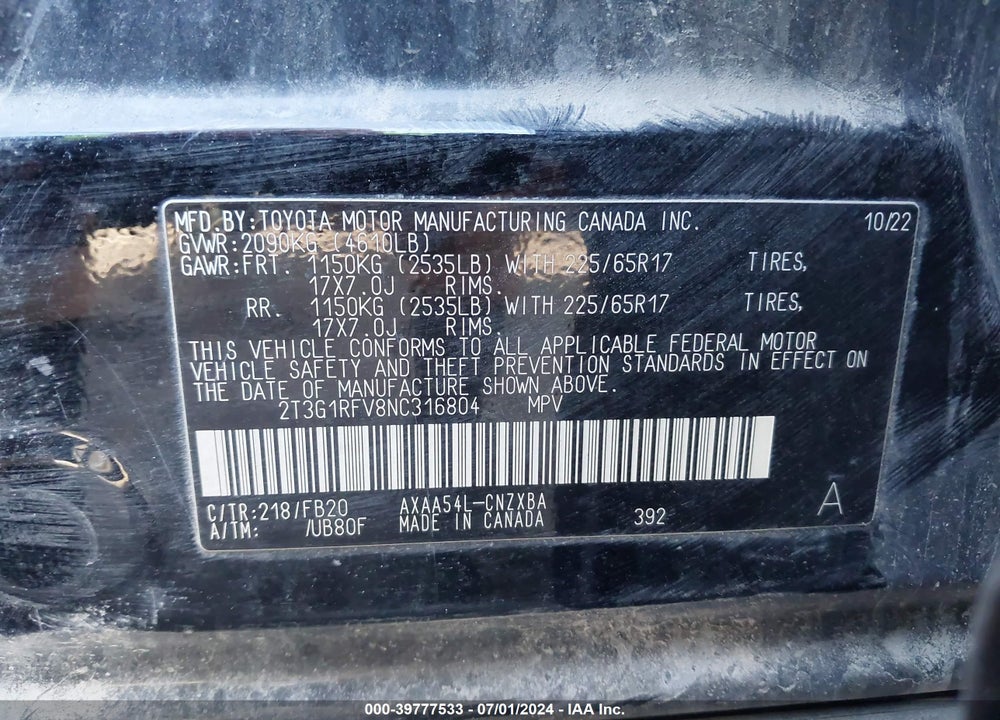 2022 TOYOTA RAV4 LE VIN: 2T3G1RFV8NC316804