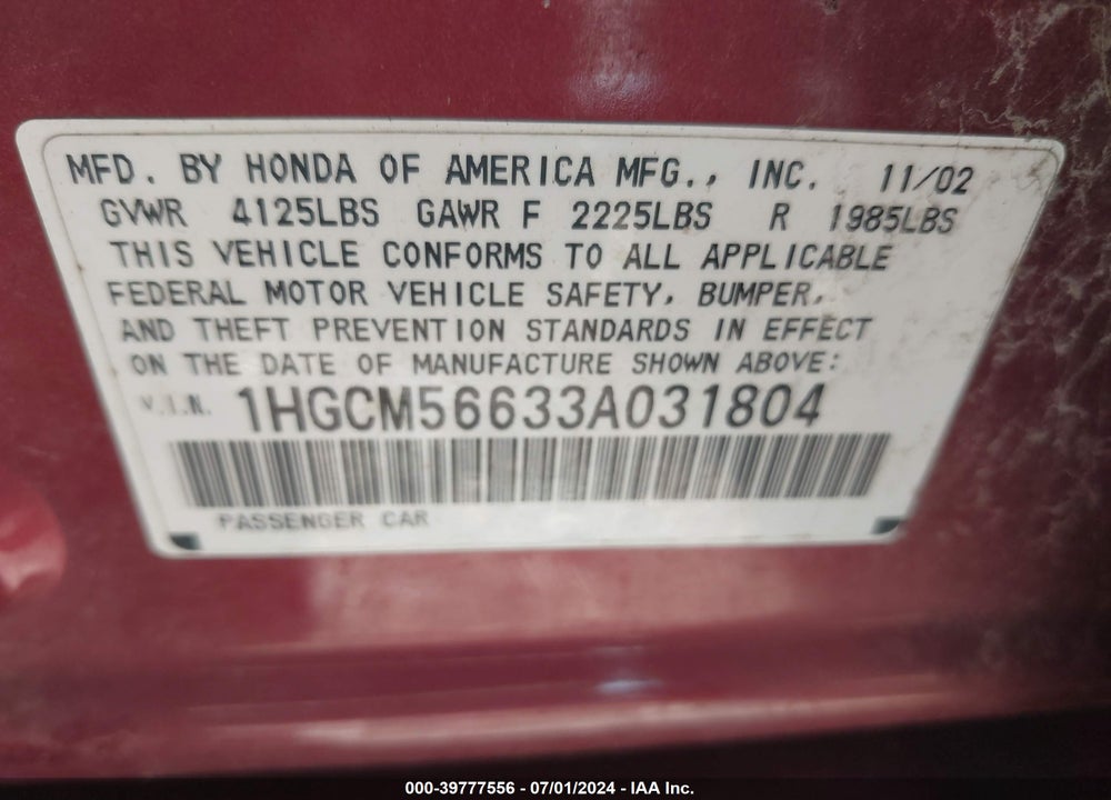 2003 HONDA ACCORD 2.4 EX VIN: 1HGCM56633A031804