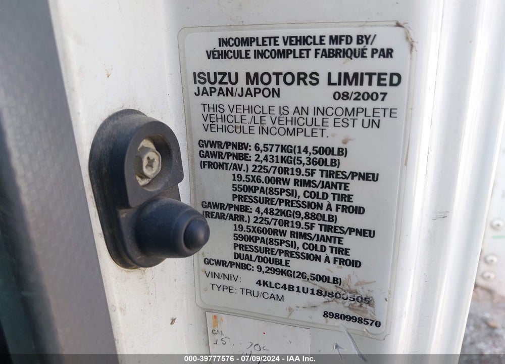 2008 ISUZU NPR VIN: 4KLC4B1U18J800505